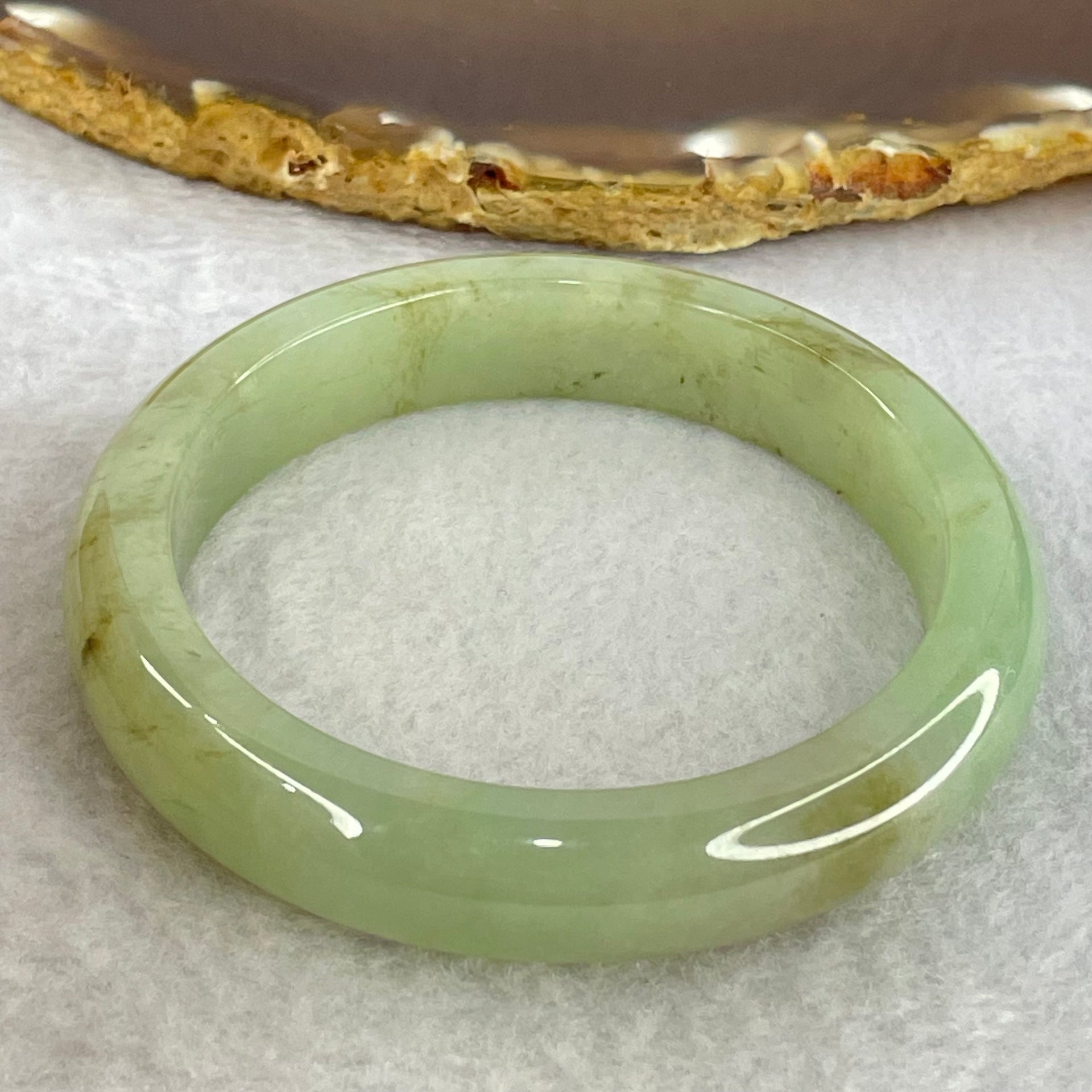 Type A Jelly Light Green and Brown Patches Jadeite Bangle Internal Diameter 54.2mm 49.77g 12.1 by 8.0mm (Slight Internal Lines) - Huangs Jadeite and Jewelry Pte Ltd