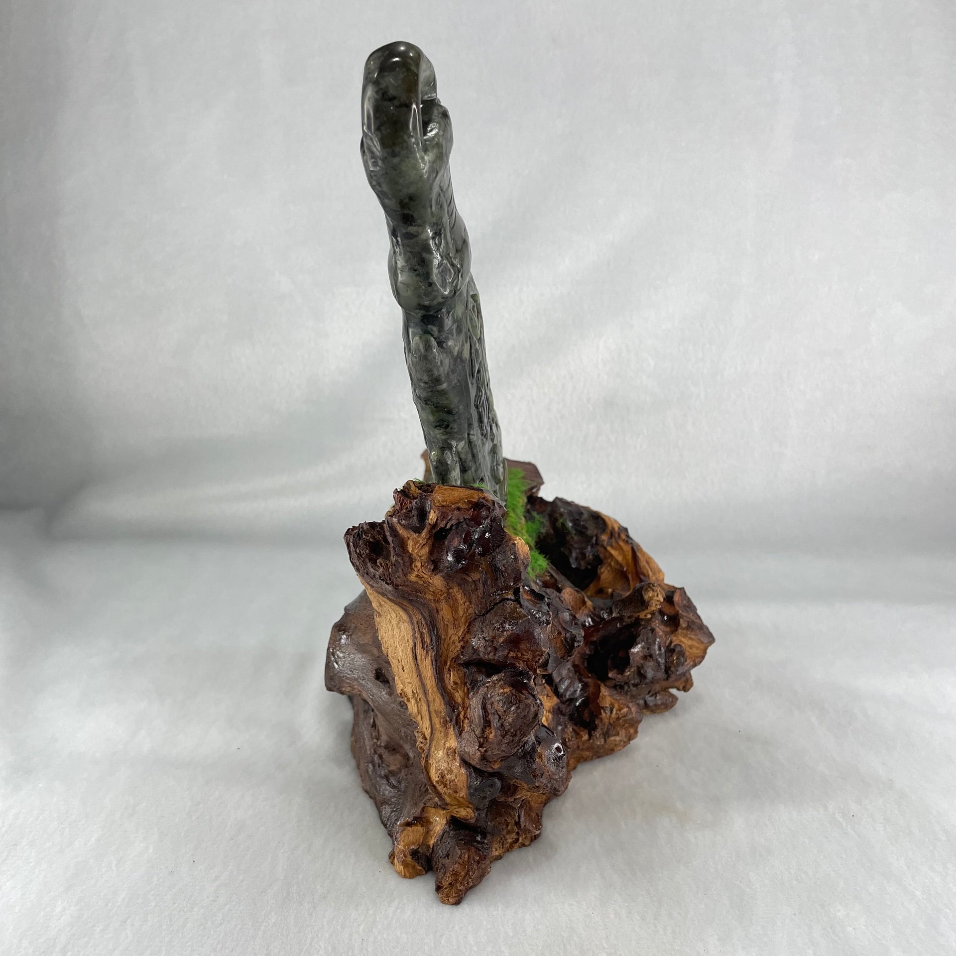 Type A Green with Dark Green to Black Piao Hu Flora Jadeite Axe with Yin and Yang 320.38g with Wooden Stand Display Total 904.5g 170.0 by 124.0 by 195.0mm - Huangs Jadeite and Jewelry Pte Ltd