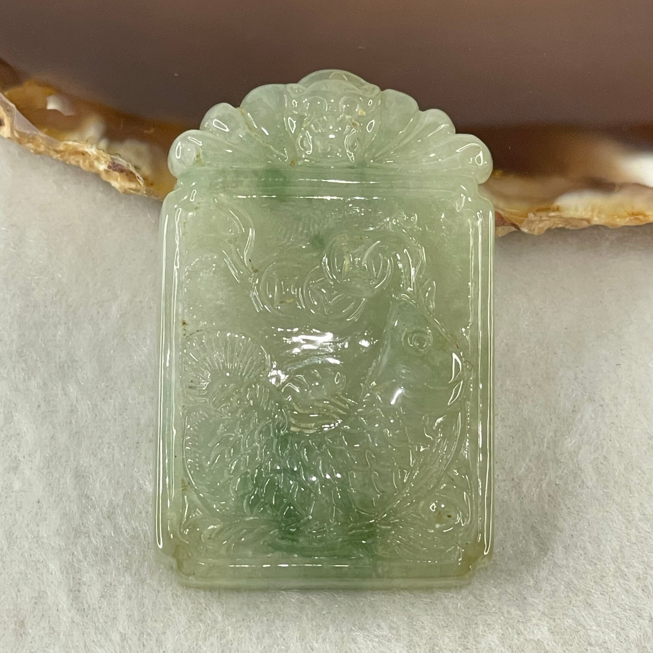 (Pre-Love) Lotus on Water by Yun Long Zi Type A Semi Icy Light Green with Green Piao Hua Jadeite Arona Fish with Bat and Coins 30.46g 48.9 by 31.6 by 7.9mm with Full Original Box Set - Huangs Jadeite and Jewelry Pte Ltd