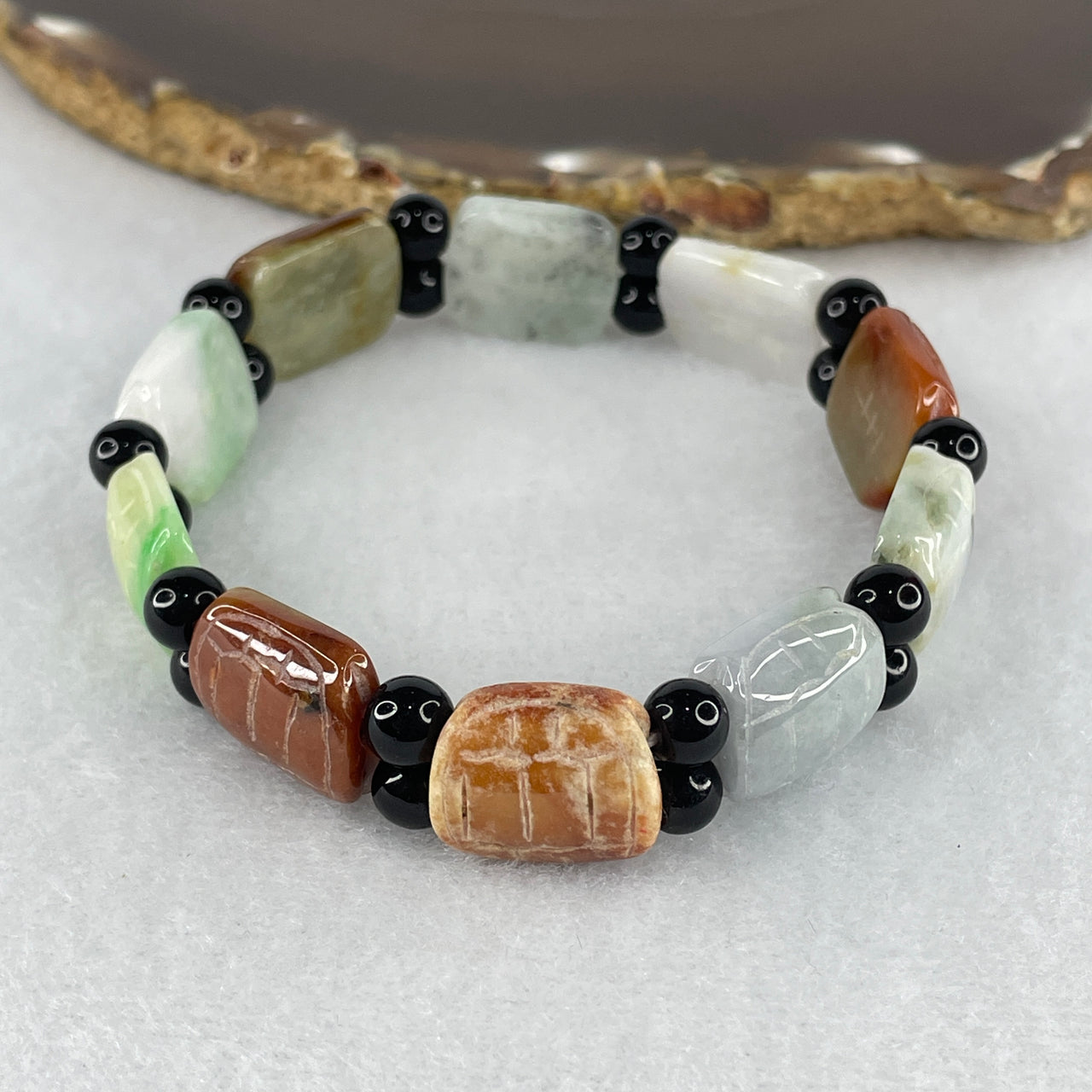 Natural Type A Tri-Color Reddish, Lavender & Green Jadeite Turtle Shell Rough Surface Bracelet | 100% Untreated San Cai Fei Cui Bead Bracelet (33.01g | 10 Pcs | 13.9 × 16.2 × 6.0mm)