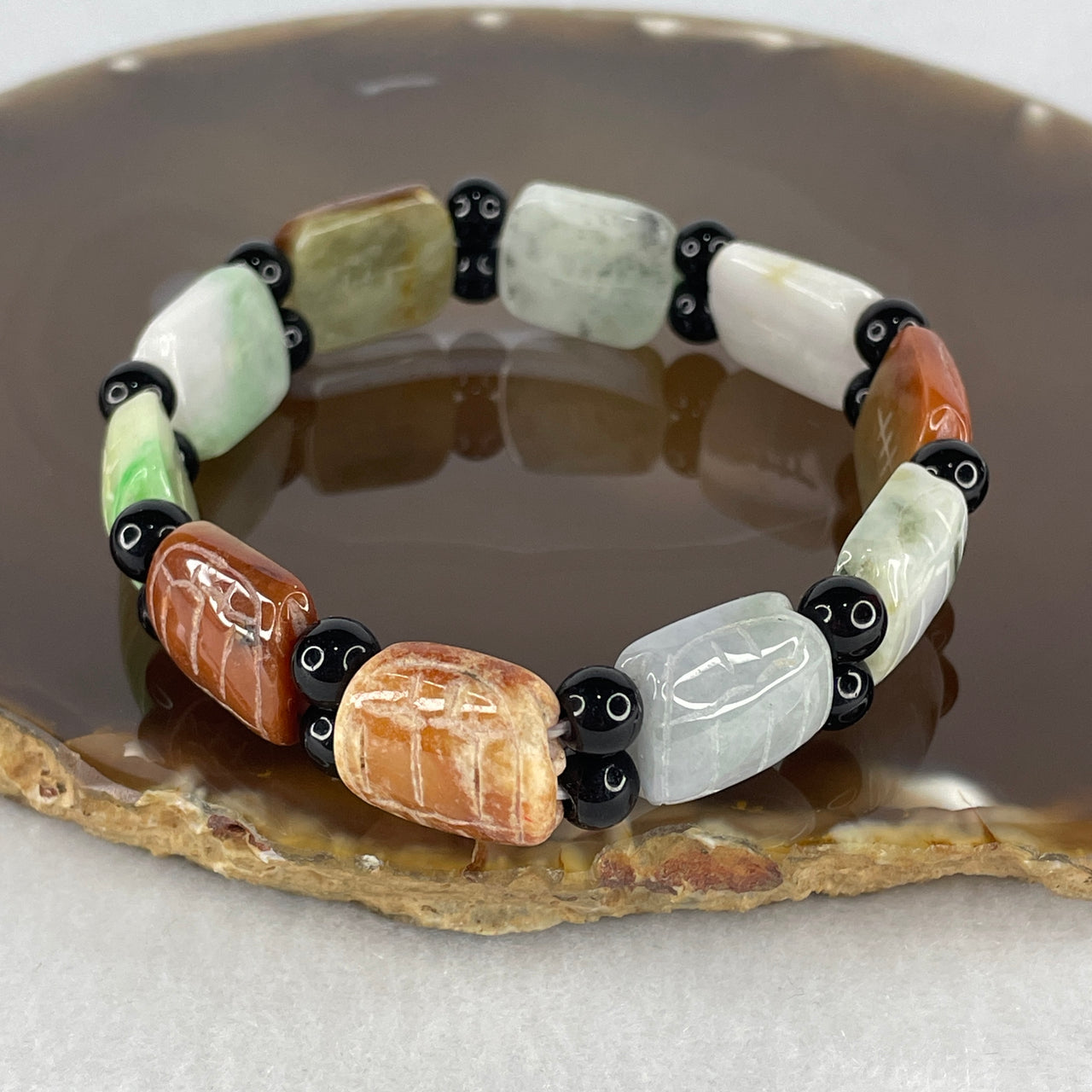 Natural Type A Tri-Color Reddish, Lavender & Green Jadeite Turtle Shell Rough Surface Bracelet | 100% Untreated San Cai Fei Cui Bead Bracelet (33.01g | 10 Pcs | 13.9 × 16.2 × 6.0mm)