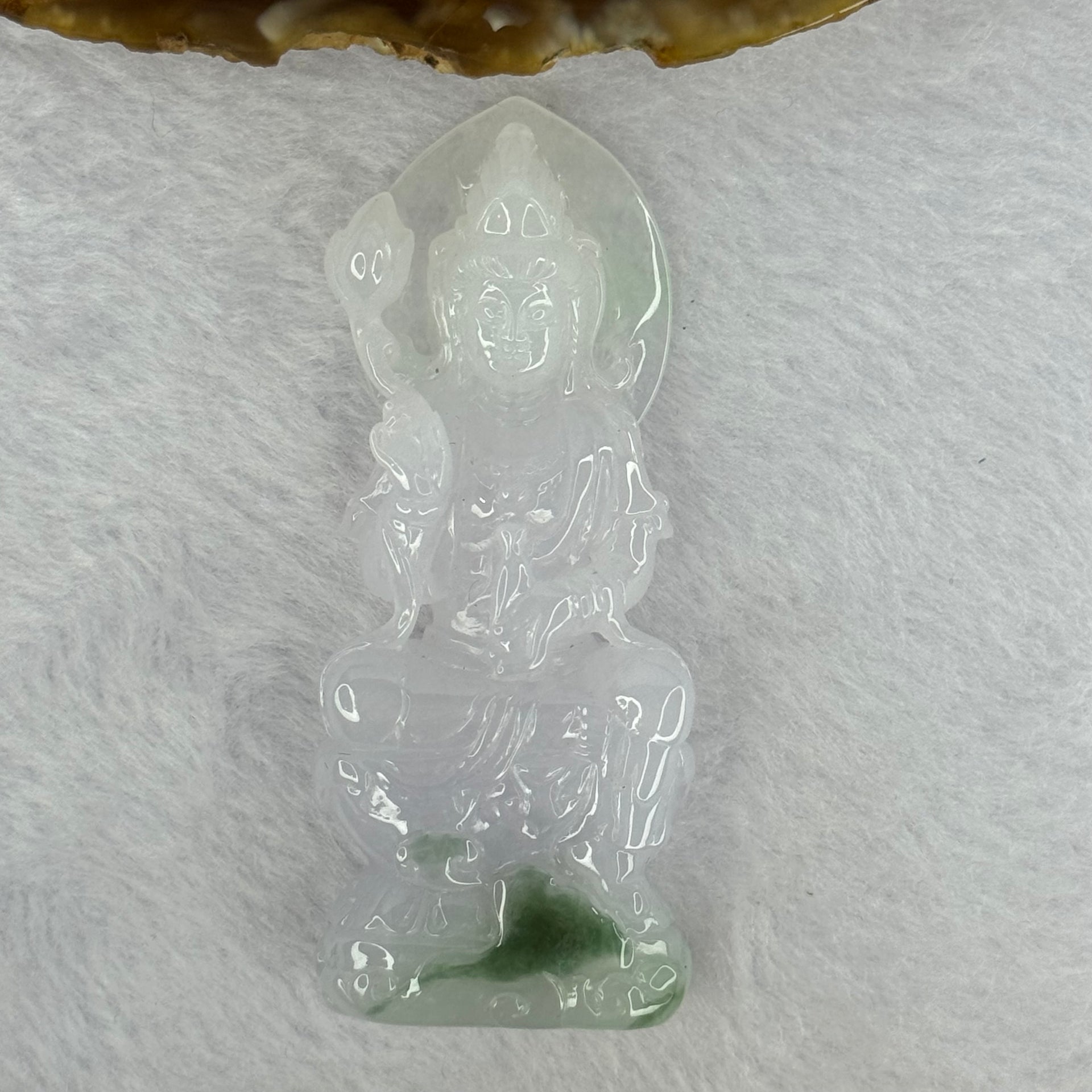 Type A Light Lavender with Green Patches Jadeite Guan Yin Pendent with Wooden Stand 111.55g  111.8 by 58.7 by 46.6mm - Huangs Jadeite and Jewelry Pte Ltd