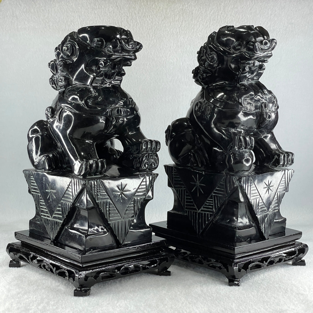 Black Pair of Fu Gou with Wooden Stand Display 5,365.5g Each about 110.0 by 15.0 by 230.0mm - Huangs Jadeite and Jewelry Pte Ltd