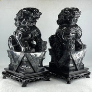 Black Pair of Fu Gou with Wooden Stand Display 5,365.5g Each about 110.0 by 15.0 by 230.0mm - Huangs Jadeite and Jewelry Pte Ltd