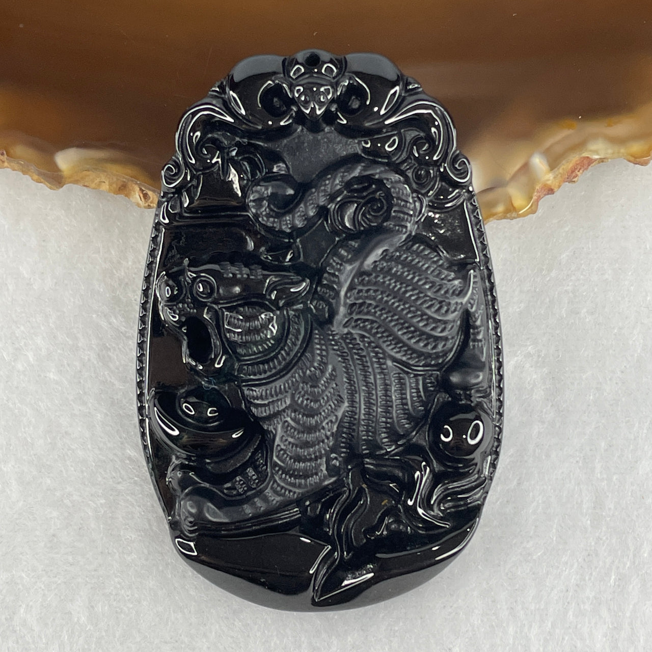 Certified Type A Opaque Black Omphacite Jadeite Tiger & Bat Pendant | Courage, Swift Fortune & Tiger Zodiac Protection Talisman (25.31g | 58.9 x 39.2 x 8.2mm)