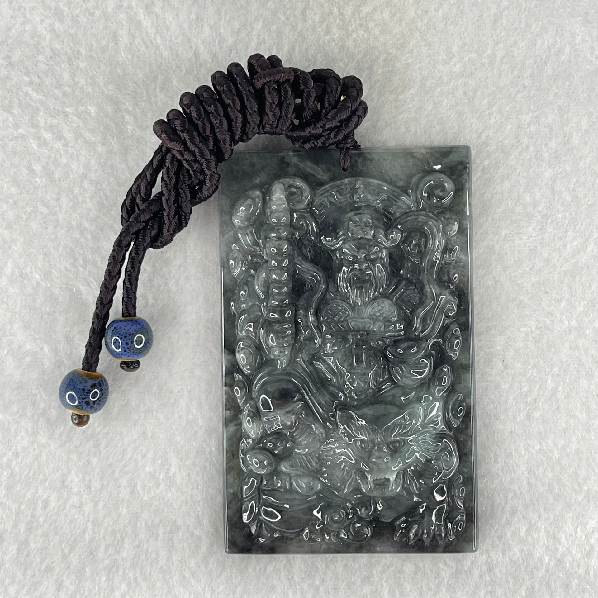 Type A Wuji Black with Light Green Jadeite Zhao Gong Yuashuai God Of Wealth Pendant 70.89g 72.9 by 5.9 by 11.2mm - Huangs Jadeite and Jewelry Pte Ltd