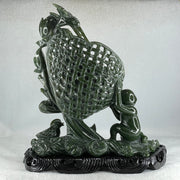Natural Dark Green Serpentine Double Carp Fish with Gui ren and Lotus and Twin Ducks with Wooden Stand Display 2,032.7g 242.0 by 95.0 by 263.0mm - Huangs Jadeite and Jewelry Pte Ltd