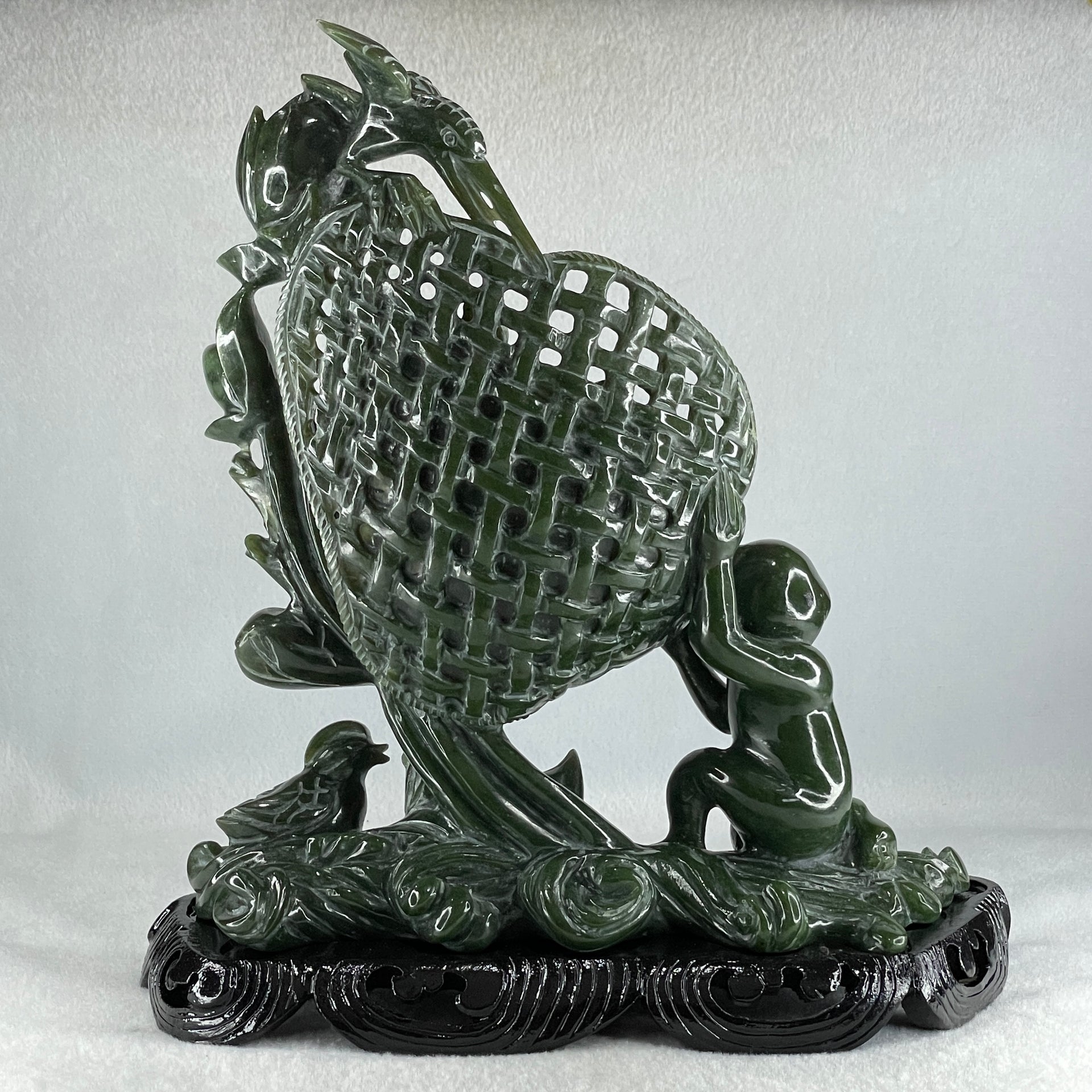 Natural Dark Green Serpentine Double Carp Fish with Gui ren and Lotus and Twin Ducks with Wooden Stand Display 2,032.7g 242.0 by 95.0 by 263.0mm - Huangs Jadeite and Jewelry Pte Ltd