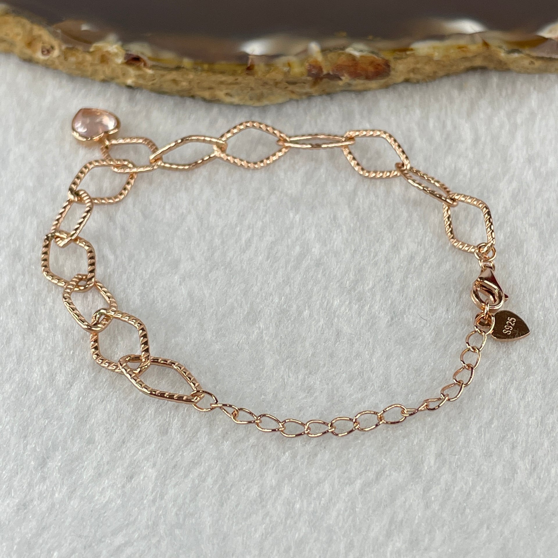 Natural Rose Quartz In 925 Sliver Rose Gold Color Bracelet 3.87g 7.3 by 7.0 by 3.8mm (Adjustable Size) - Huangs Jadeite and Jewelry Pte Ltd