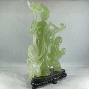 Natural Semi Icy Green Serpentine Fairy with Tong Zhi and Lotus Flower with Wooden Stand Display 1,228.0g 196.0 by 76.0 by 283.0mm - Huangs Jadeite and Jewelry Pte Ltd