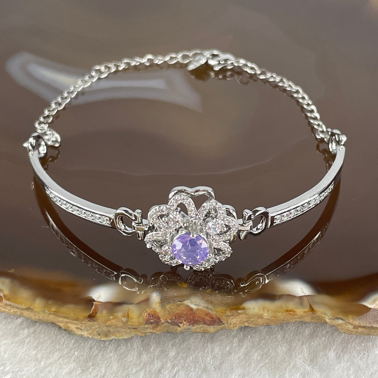 Natural Purple with Colorless Cubic Zirconia Beads Bracelet in S925 Sliver 6.99g 5.8 by 2.0mm - Huangs Jadeite and Jewelry Pte Ltd