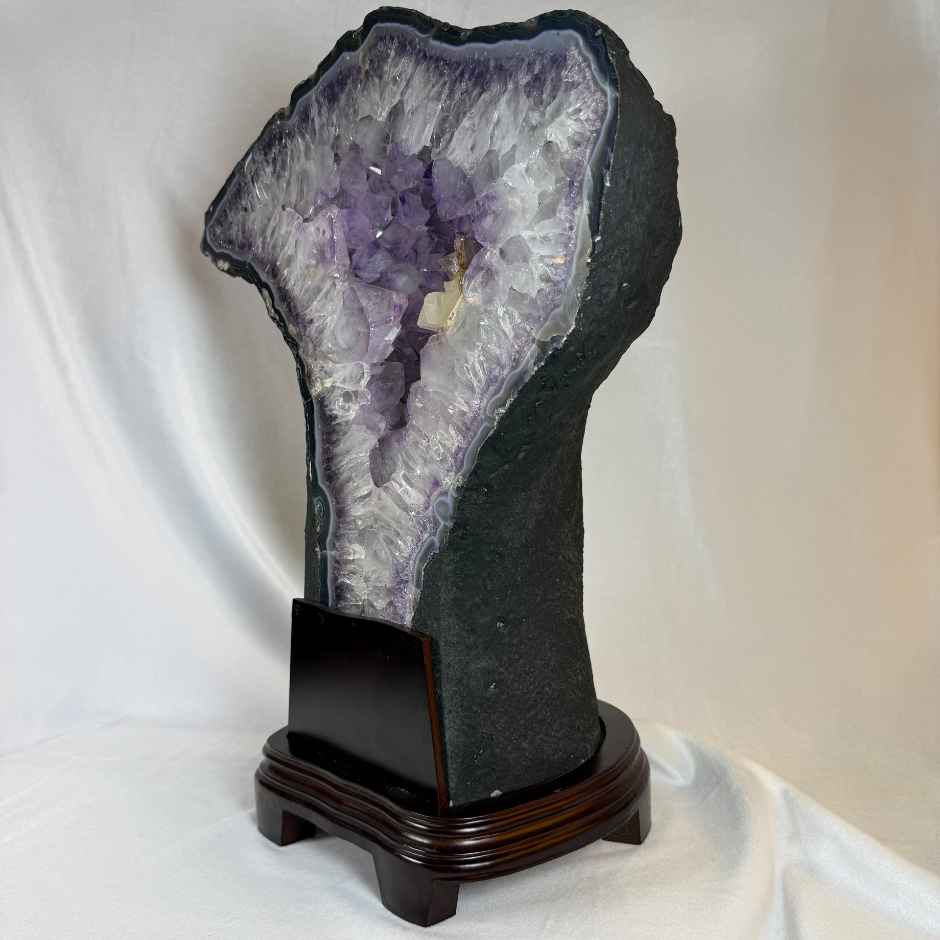 Natural Tree Shape Amethyst Cave with Wooden Stand Display 27,441.2g 410 by 235.0 by 505.0mm - Huangs Jadeite and Jewelry Pte Ltd