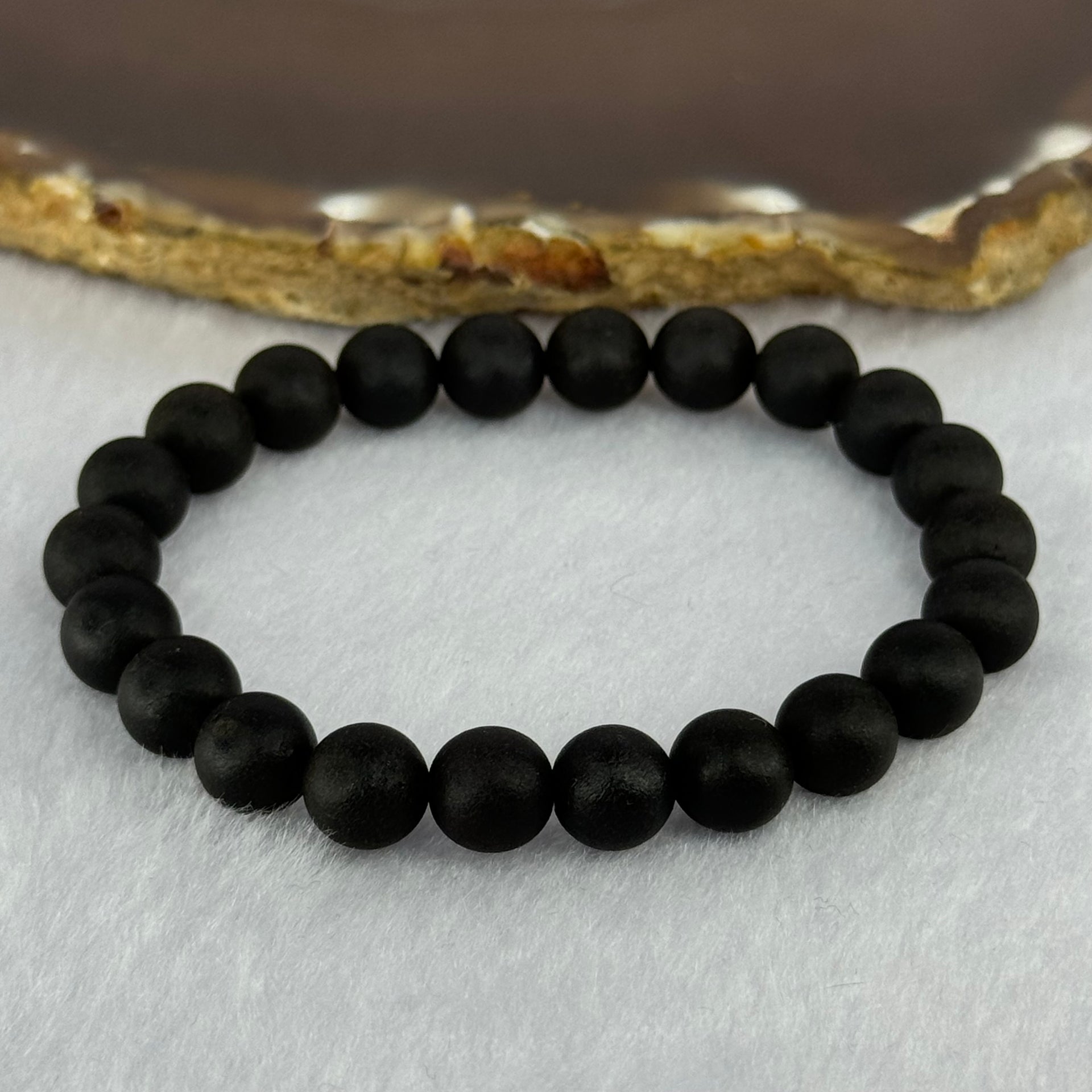 Natural Dark Matt Black Amber Beads Bracelet 天然大黑天翁琥珀手链 6.31g 14.5cm 8.1mm 22 Beads - Huangs Jadeite and Jewelry Pte Ltd