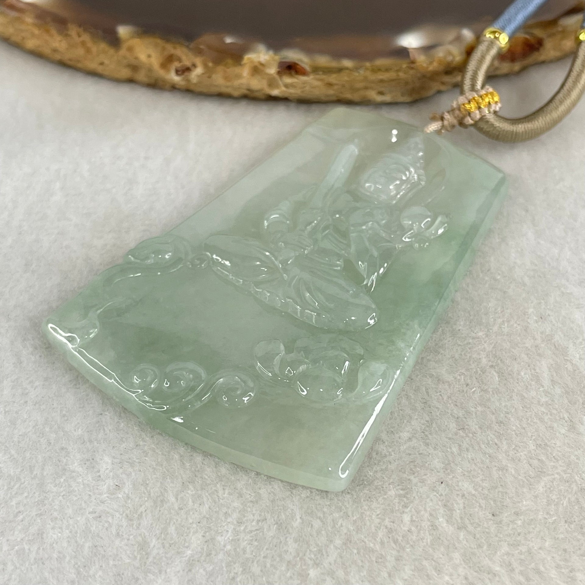 Type A Icy Green with Green Piao Hua Jadeite Guan Yin Bodhisattva Pendant 30.08g 63.4 by 44.1 by 5.3mm - Huangs Jadeite and Jewelry Pte Ltd