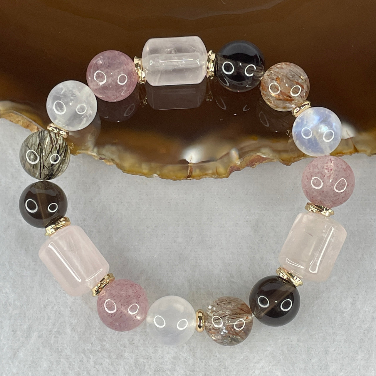 "Divine Harmony & Wealth" Natural Multi-Gemstone Bracelet | Strawberry Quartz, Moonstone, Rutilated, Rose Quartz & Smoky Quartz (28.55g | 14.0×9.9mm 3 Lulutong & 10.4mm 12 Beads | 14.5cm )