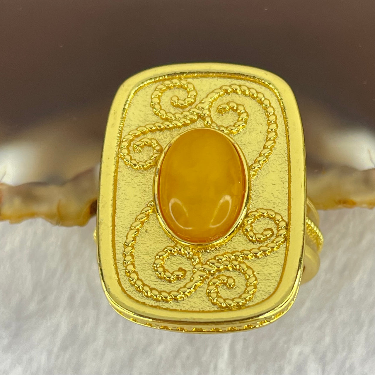 Natural Butterscotch Amber in  Sliver Gold Color Ring (Adjustable Size) 7.53g 10.2 by 6.6 by 3.5mm - Huangs Jadeite and Jewelry Pte Ltd