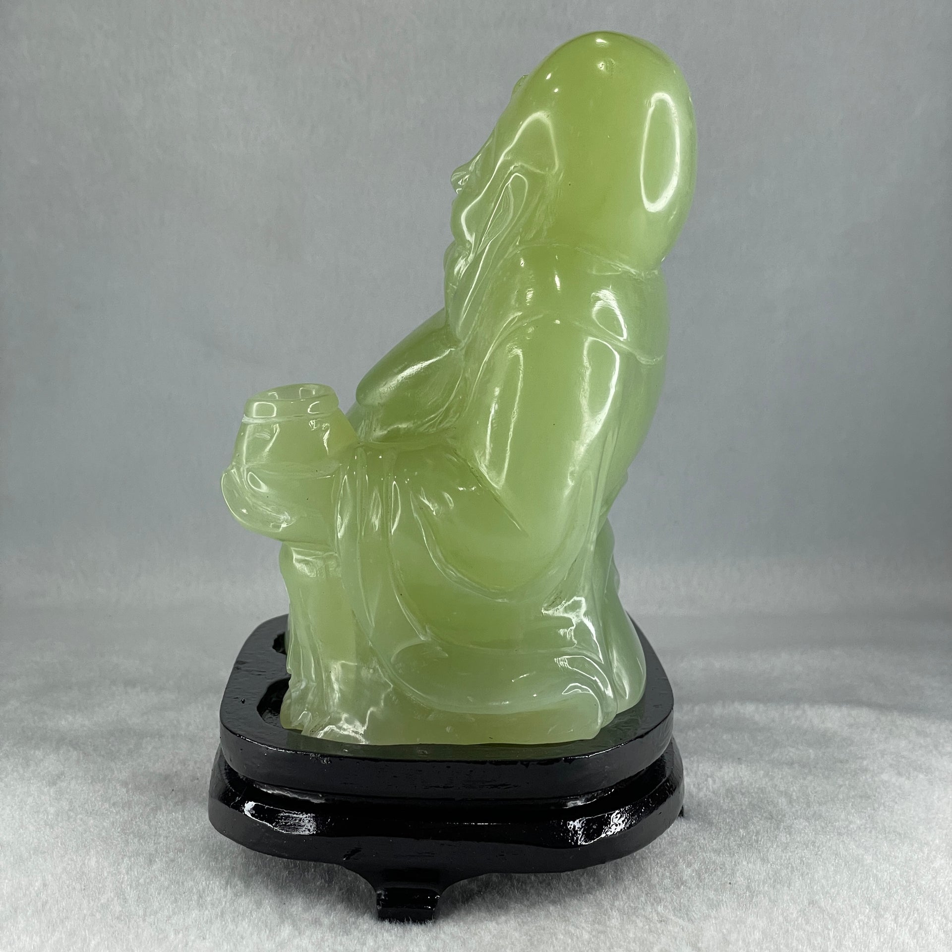 Natural Green Serpentine Siting Milo Buddha with Wealth Pot with Wooden Stand Display 1362.0g 165.0 by 110.0 by 150.0mm - Huangs Jadeite and Jewelry Pte Ltd