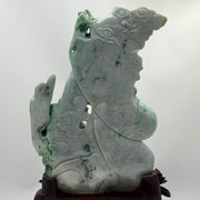 Type A Lavender and Green with Spicy Green Spots 仙女 with Wooden Stand Display Piece 3.38kg Dimensions with Stand 43 by 27 by 10cm Jadeite Dimensions 31 by 22 by 3cm - Huangs Jadeite and Jewelry Pte Ltd