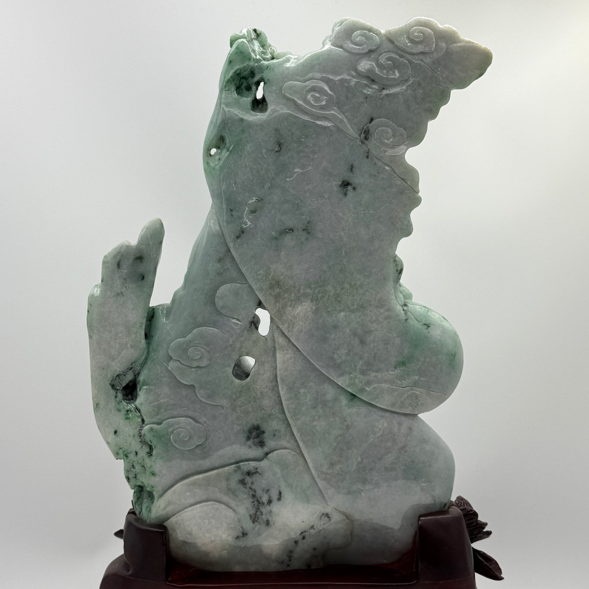 Type A Lavender and Green with Spicy Green Spots 仙女 with Wooden Stand Display Piece 3.38kg Dimensions with Stand 43 by 27 by 10cm Jadeite Dimensions 31 by 22 by 3cm - Huangs Jadeite and Jewelry Pte Ltd