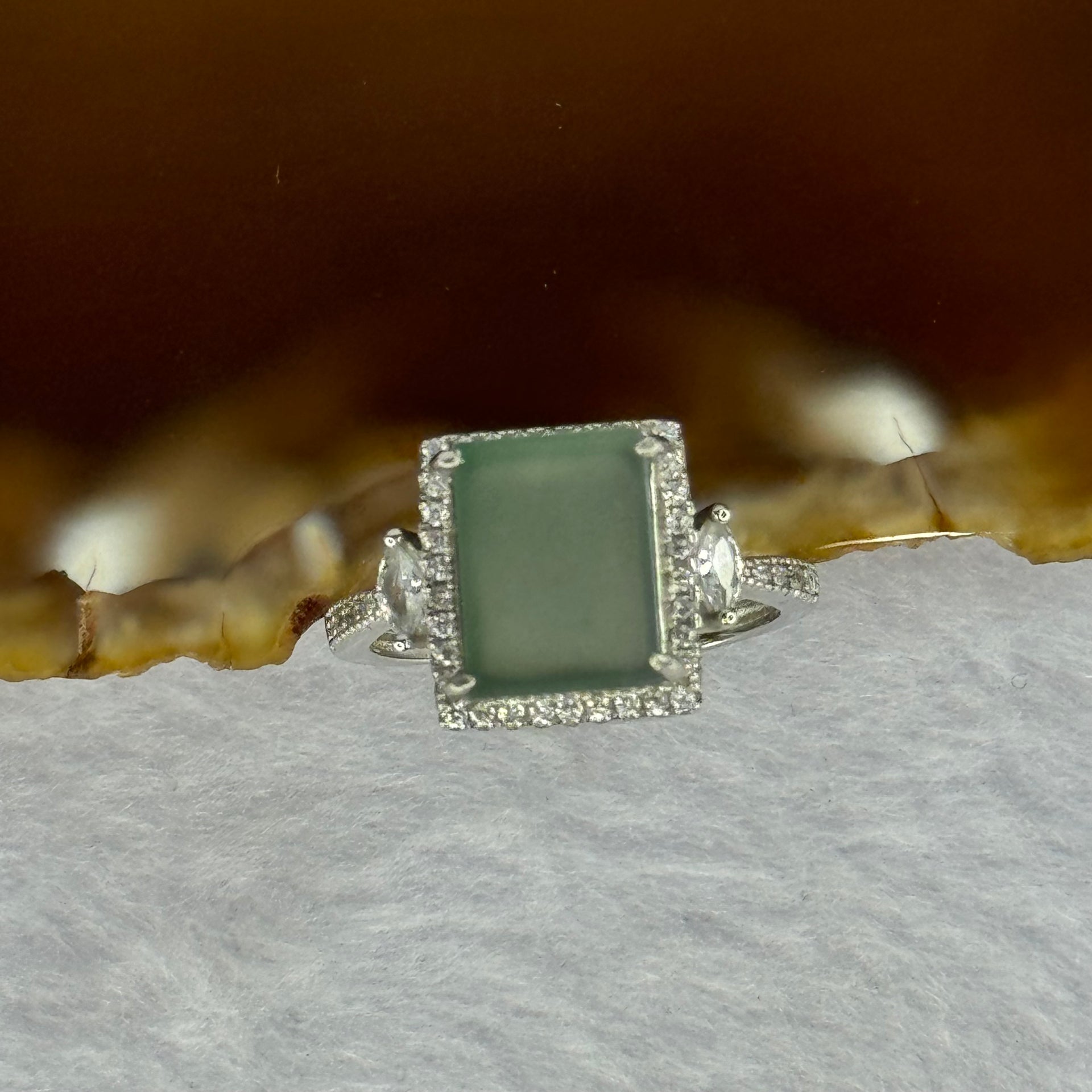 Type A Icy Blueish Green Jadeite with Crystals in S925 Sliver Ring (Adjustable Size) 2.95g 10.1 by 7.6 by 2.0mm - Huangs Jadeite and Jewelry Pte Ltd