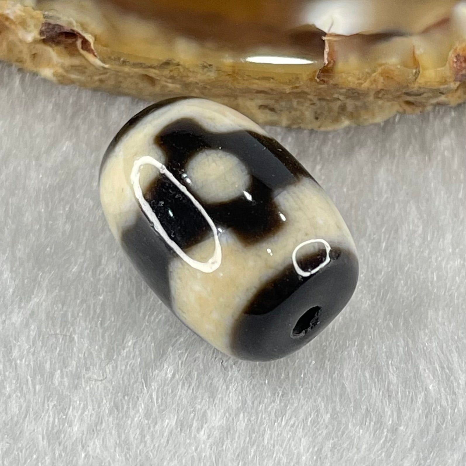 Natural Powerful Tibetan Old Oily Dark Brown With White Agate 3 Eyes Dzi Bead Heavenly Master (Tian Zhu) 三眼天诛 4.61g 17.8 by 12.7mm - Huangs Jadeite and Jewelry Pte Ltd