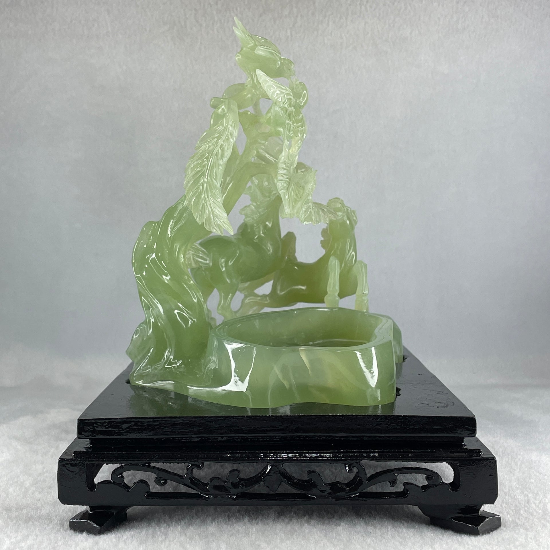 Natural Green Serpentine Double Victory Horses with Twin Birds on Treen and Pond with Wooden Stand Display 1,275.3g 240.0 by 210.0 by 160.0mm - Huangs Jadeite and Jewelry Pte Ltd