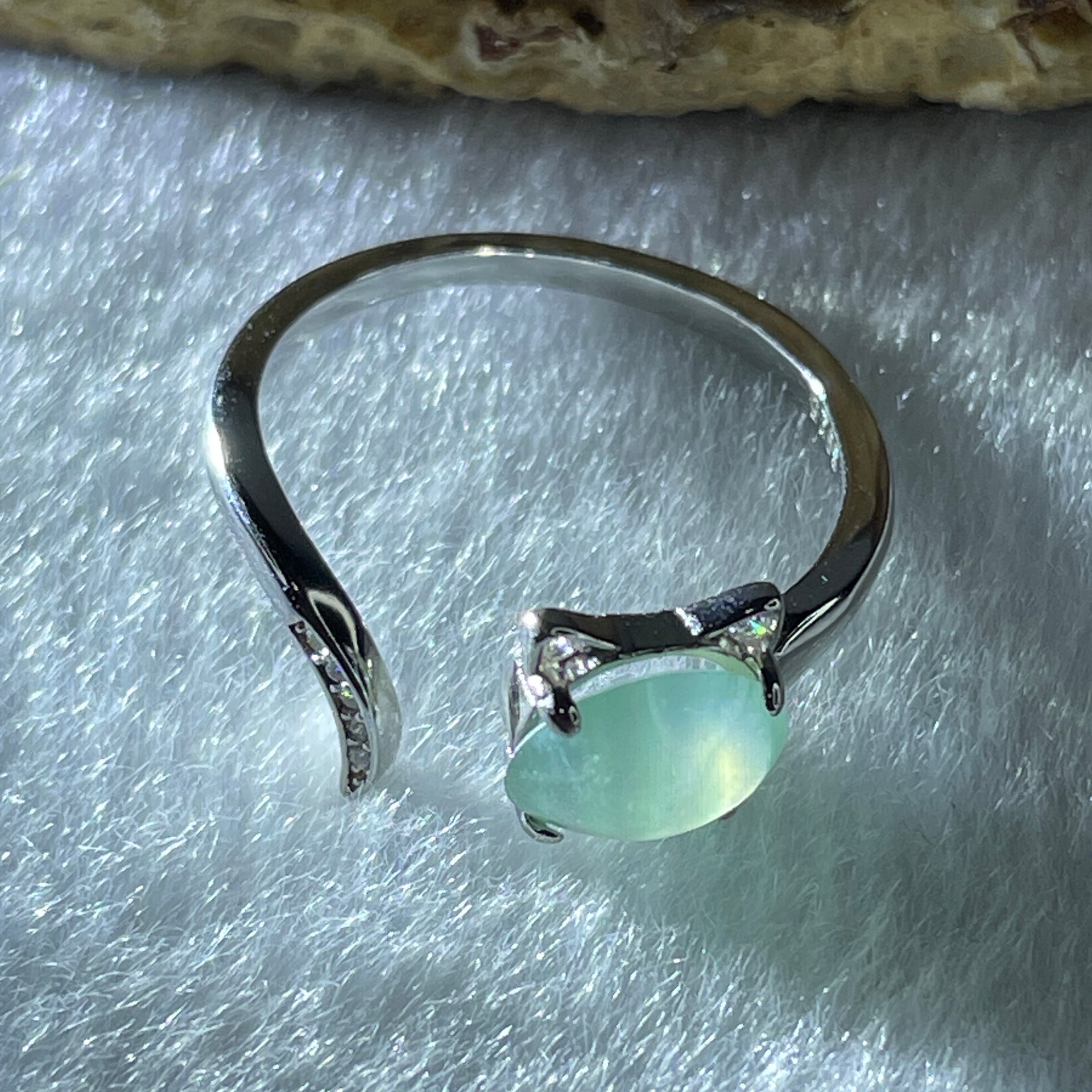 Natural Type A Semi Icy Blueish Green Jadeite Oval Shape Cabouchon in S925 Silver Cat Ring (Adjustable Size) 1.76g 6.3 by 8.0 by 3.5mm - Huangs Jadeite and Jewelry Pte Ltd