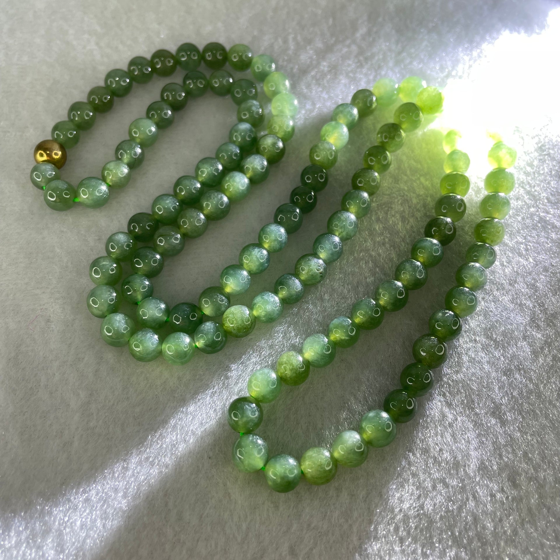 Type A Full Green Jadeite Beads Necklace 52.96g 68cm 6.7mm 108 Beads - Huangs Jadeite and Jewelry Pte Ltd