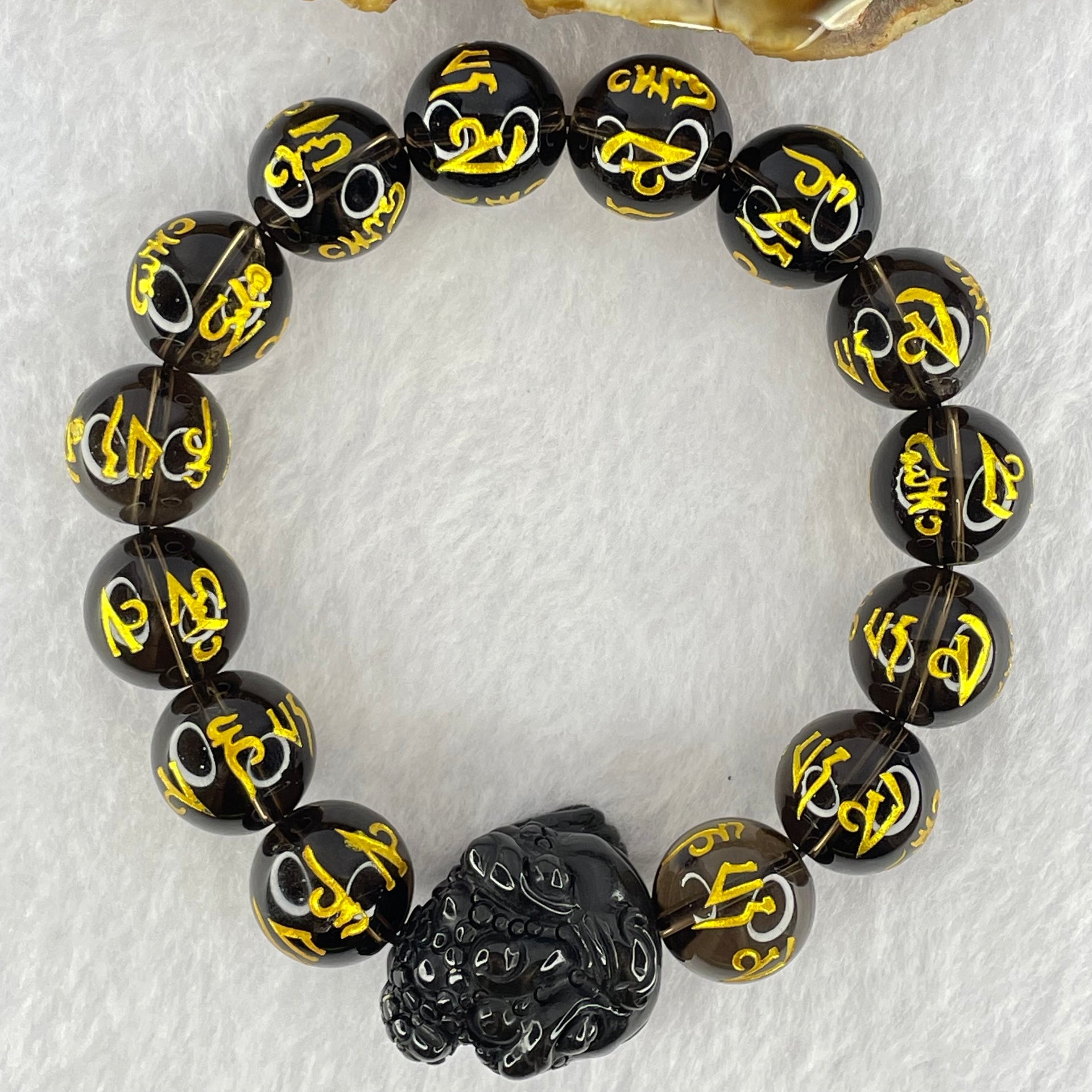 Natural Smoky Quartz Om Mani Padme Hum Beads Bracelet with Black Onyx 3 Legged Toad Charm 24.5 by 27.4 by 20.2mm 67.40g 19cm 14.1mm 14 Beads - Huangs Jadeite and Jewelry Pte Ltd