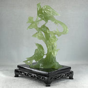 Natural Green Serpentine Phoenix with Double Magpies Birds on Tree with Wooden Stand Display 770.6g 155.0 by 125.0 by 230.0mm - Huangs Jadeite and Jewelry Pte Ltd