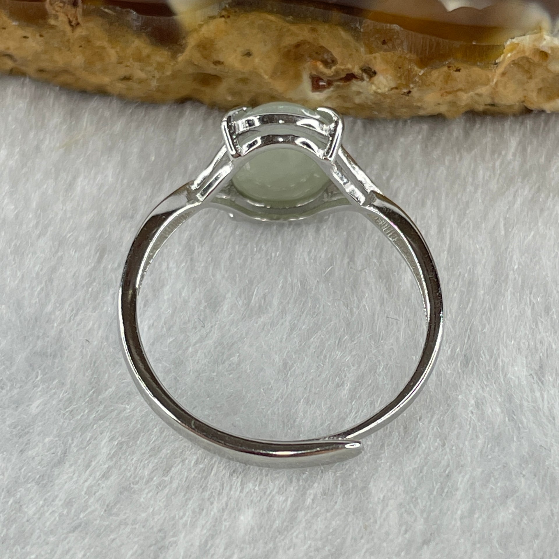 Natural Type A Semi Icy Faint Green Jadeite Oval Shape Cabouchon in S925 Silver Ring (Adjustable Size) 1.38g 9.5 by 7.2 by 3.5mm - Huangs Jadeite and Jewelry Pte Ltd