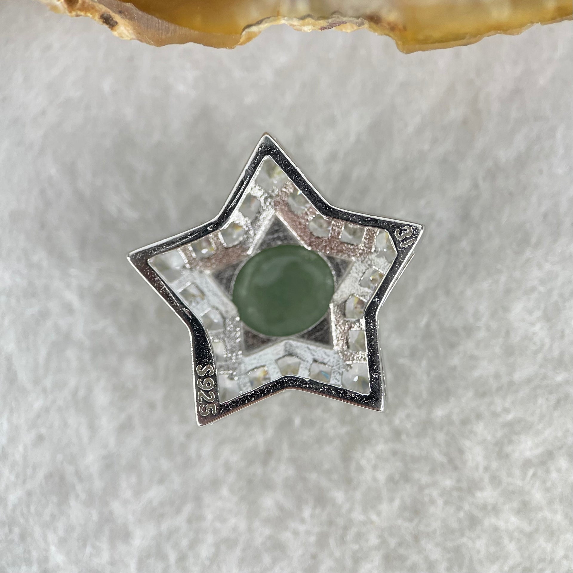 Type A Semi Icy Blueish Green Cabochon Jadeite in S925 Sliver Star with Crystal Charm 2.41g 7.8 by 6.9 by 3.5mm - Huangs Jadeite and Jewelry Pte Ltd