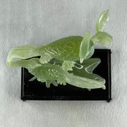 Natural Green Serpentine Double Phoenix on Tree with Wooden Stand Display 561.4g 165.0 by 246.0 by 102.0mm - Huangs Jadeite and Jewelry Pte Ltd