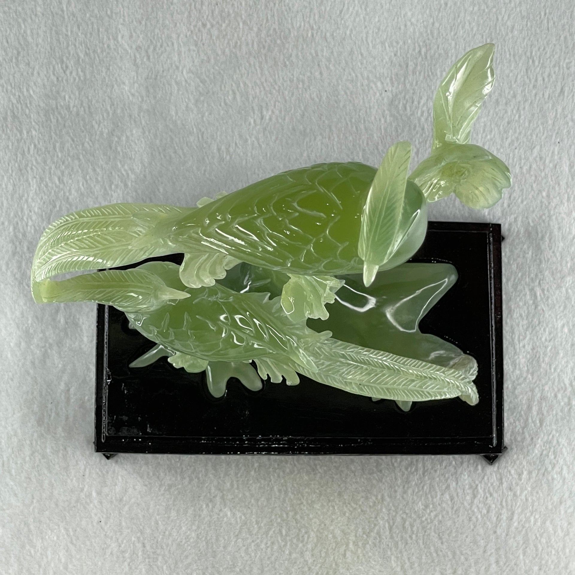 Natural Green Serpentine Double Phoenix on Tree with Wooden Stand Display 561.4g 165.0 by 246.0 by 102.0mm - Huangs Jadeite and Jewelry Pte Ltd