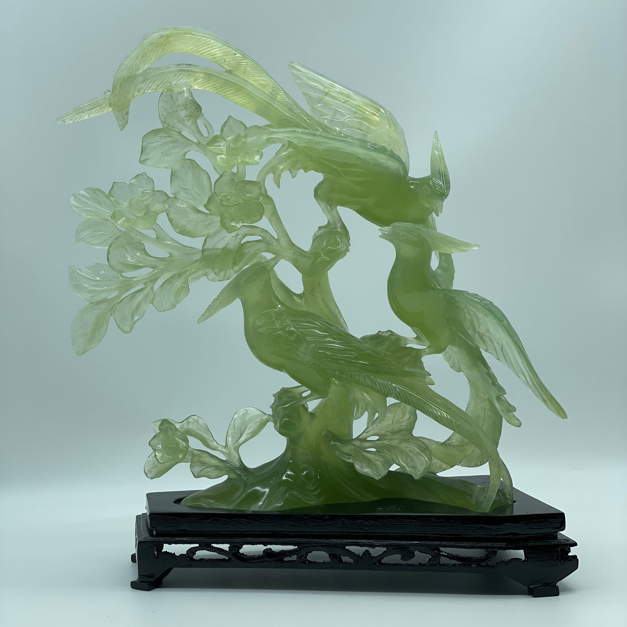 Natural Icy Green Serpentine 3 Phoenix on Flower Tree with Wooden Stand Display 1,376.1g 265.0 by 135.0 by 300.0mm
