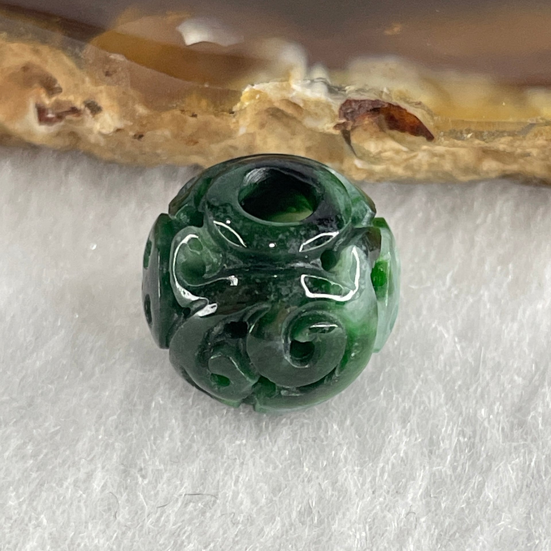 Natural Type A Lao Keng Old Mine Green with Light Green Jadeite Flora Carving Bead Charm 1.94g 12.5mm - Huangs Jadeite and Jewelry Pte Ltd