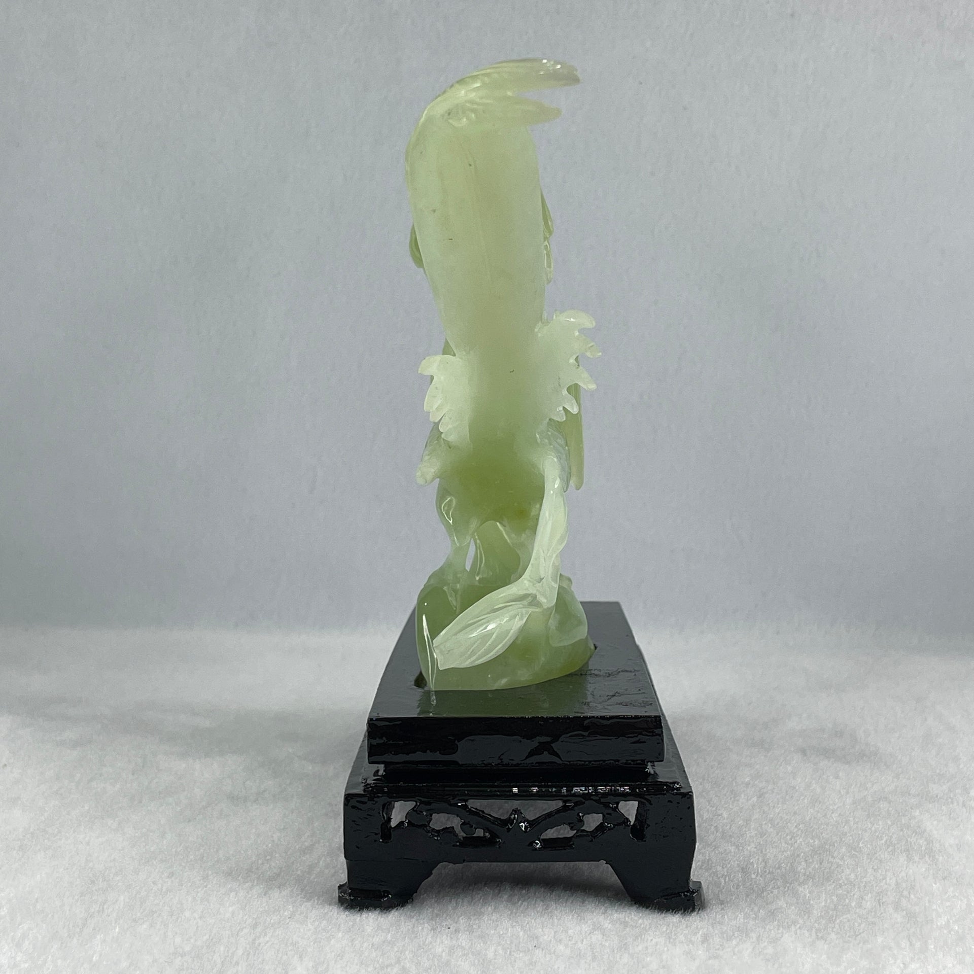 Natural Green Serpentine Double Phoenix with Wooden Stand Display 411.1g 25.0 by 70.0 by 170.0mm - Huangs Jadeite and Jewelry Pte Ltd