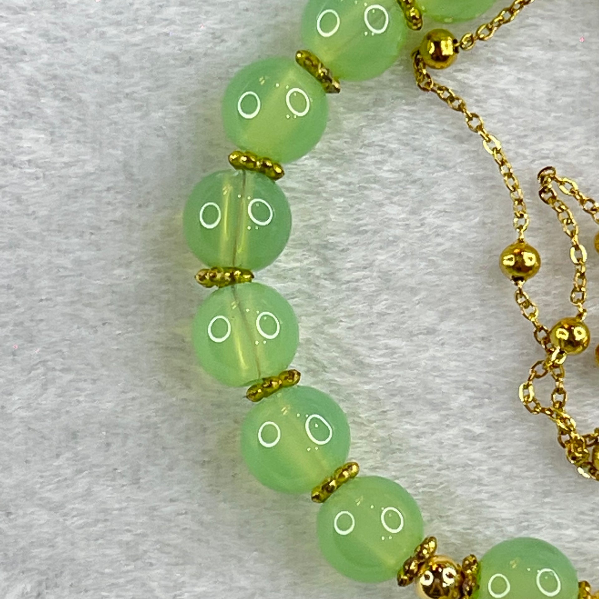 Green Chalcedony Beads and Peanut in Gold Color Bracelet 15.97g 14cm 8.1mm 16 Beads - Huangs Jadeite and Jewelry Pte Ltd