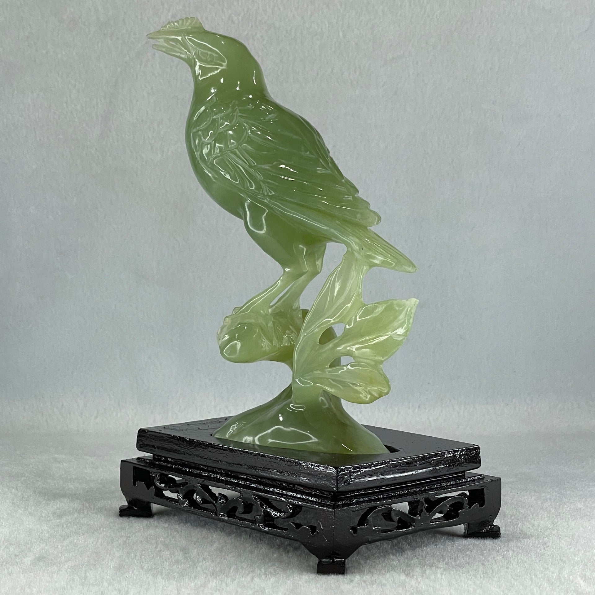 Natural Green Serpentine Javan Mynah Birds on Tree with Wooden Stand Display 418.9g 120.0 by 176.0 by 75.0mm - Huangs Jadeite and Jewelry Pte Ltd
