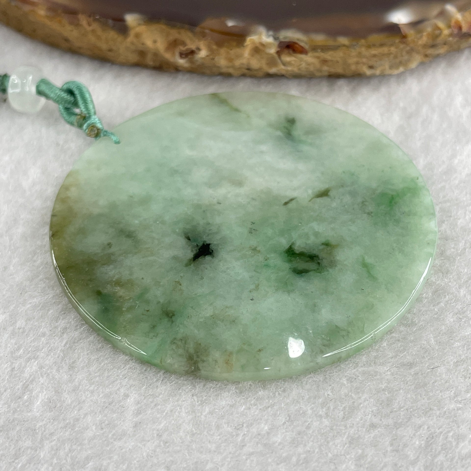 Natural Type A Green with Brownish and Dark Green Piao Hua Jadeite Round Wu Shi Pai Pendant 29.12g 54.2 by 3.1mm - Huangs Jadeite and Jewelry Pte Ltd