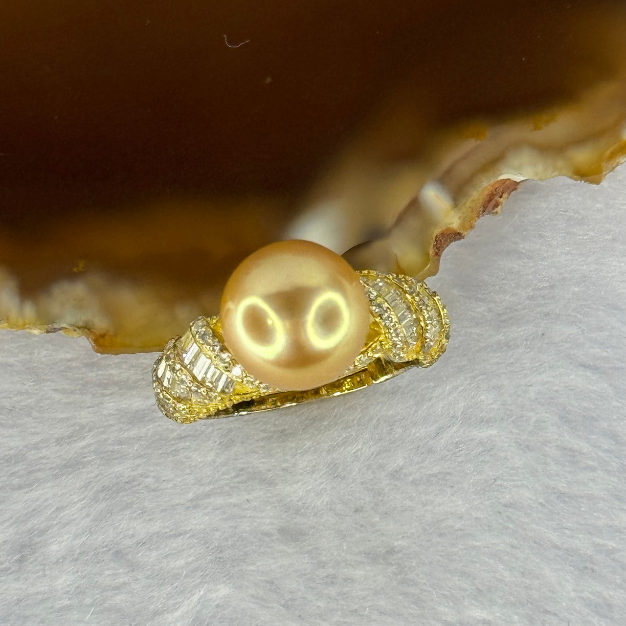Natural Pearl with Crystals In 925 Sliver Gold Colour Ring (Adjustable Size) 4.15g 9.8 by 9.8mm (Slightly Tarnished) - Huangs Jadeite and Jewelry Pte Ltd
