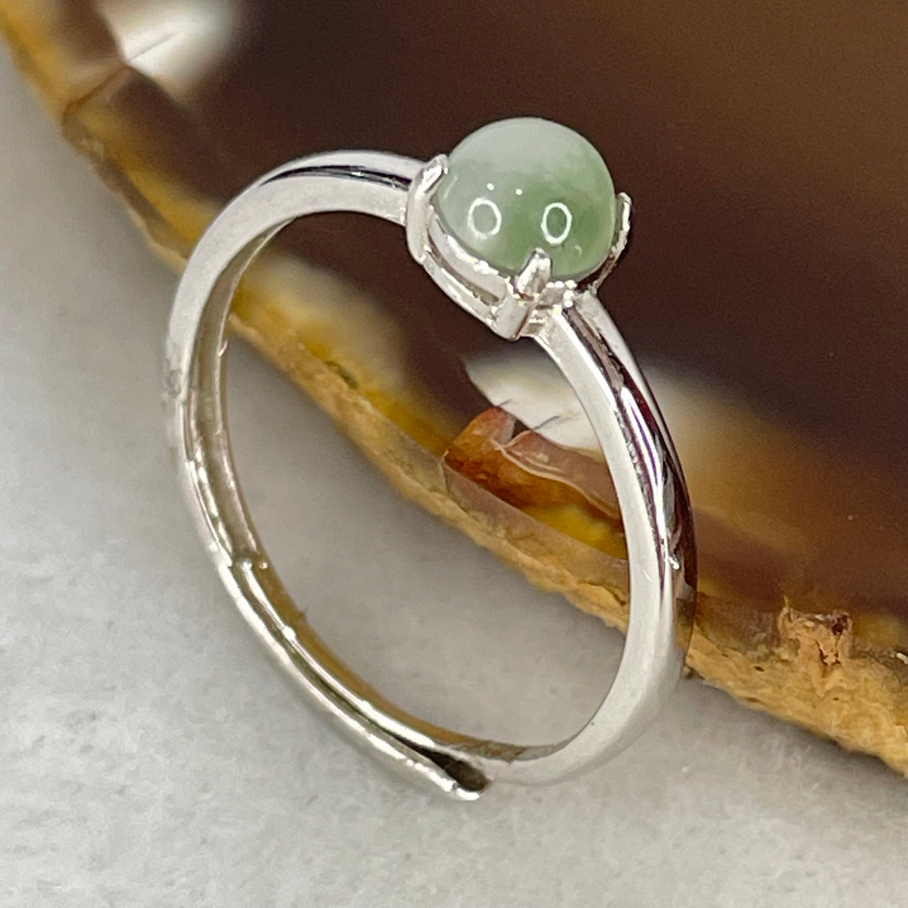 Type A Semi Icy Lavender with Green Cabochon Jadeite in S925 Sliver Ring (Adjustable Size) 1.20g 5.1 by 3.5mm - Huangs Jadeite and Jewelry Pte Ltd