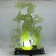 Natural Semi Icy Green Serpentine Fairy with Tong Zhi and Lotus Flower with Wooden Stand Display 1,228.0g 196.0 by 76.0 by 283.0mm - Huangs Jadeite and Jewelry Pte Ltd