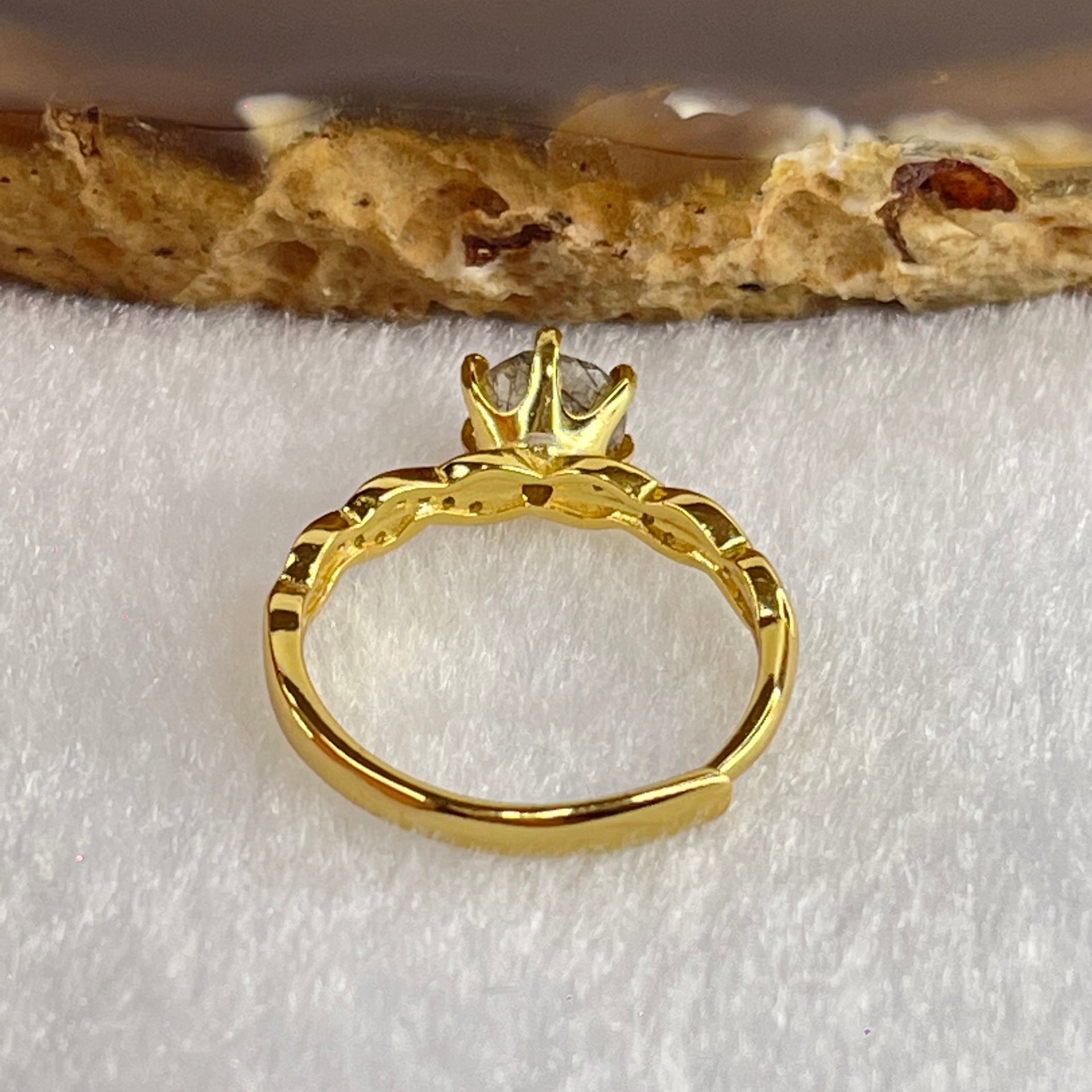 Natural Quartz with Black Tourmaline and Cubic Zirconia in S925 Sliver Gold Color Ring (Adjustable Size) 1.63g 5.7 by 3.8mm - Huangs Jadeite and Jewelry Pte Ltd