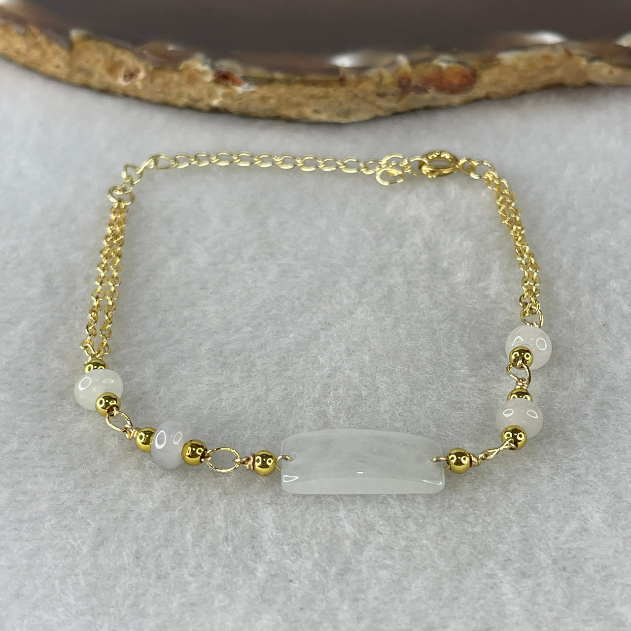 Natural Type A Near White Jadeite Plaque Bracelet | Elegant Gold-Toned Adjustable 13-17cm Fine Layering Chain | Minimalist Glacial Mist Amulet (5.84g 18.1x7.5x3.3mm)