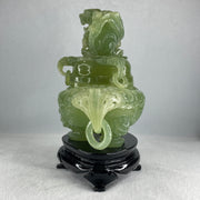Natural Jelly Light Green Serpentine Pixiu Incense Burner with Wooden Stand Display 1,364.0 by 178.0 by 110.0 by 205.0mm - Huangs Jadeite and Jewelry Pte Ltd