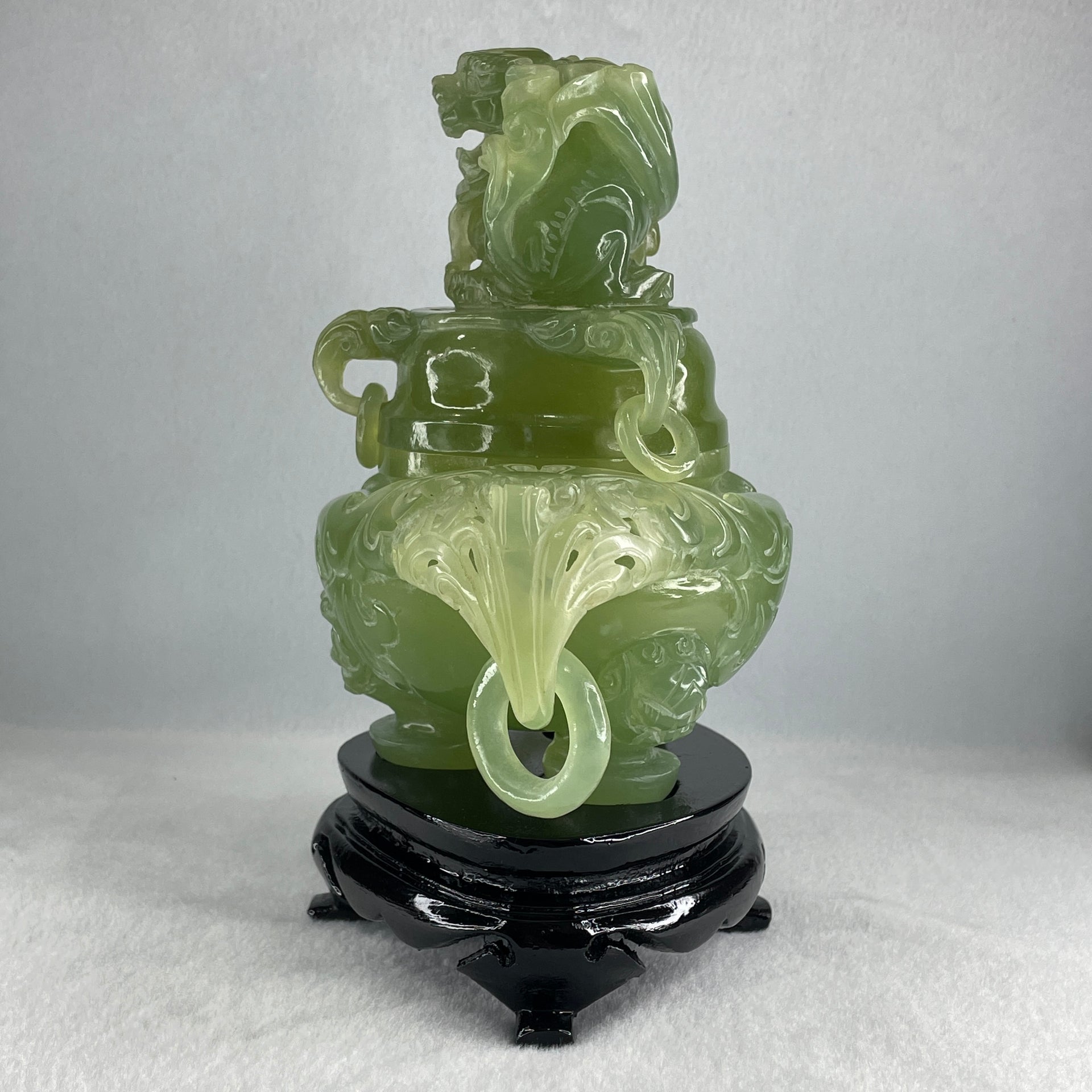 Natural Jelly Light Green Serpentine Pixiu Incense Burner with Wooden Stand Display 1,364.0 by 178.0 by 110.0 by 205.0mm - Huangs Jadeite and Jewelry Pte Ltd