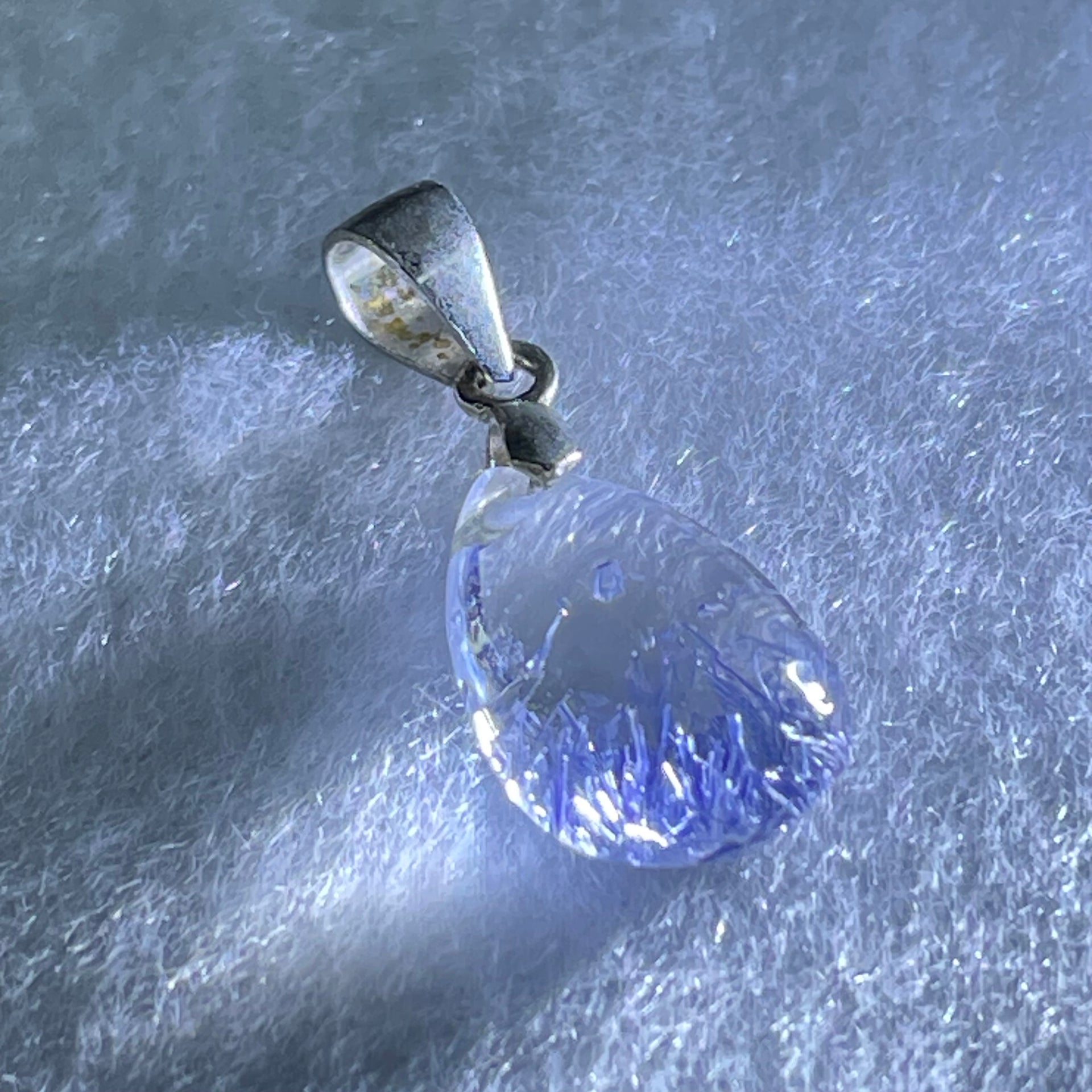 Rare Very Good Grade Natural Blue Dumortierite Rutilated Quartz Teardrop Pendant with S925 Sliver Clasps 1.22g 14.8 by 9.2 by 6.1mm - Huangs Jadeite and Jewelry Pte Ltd