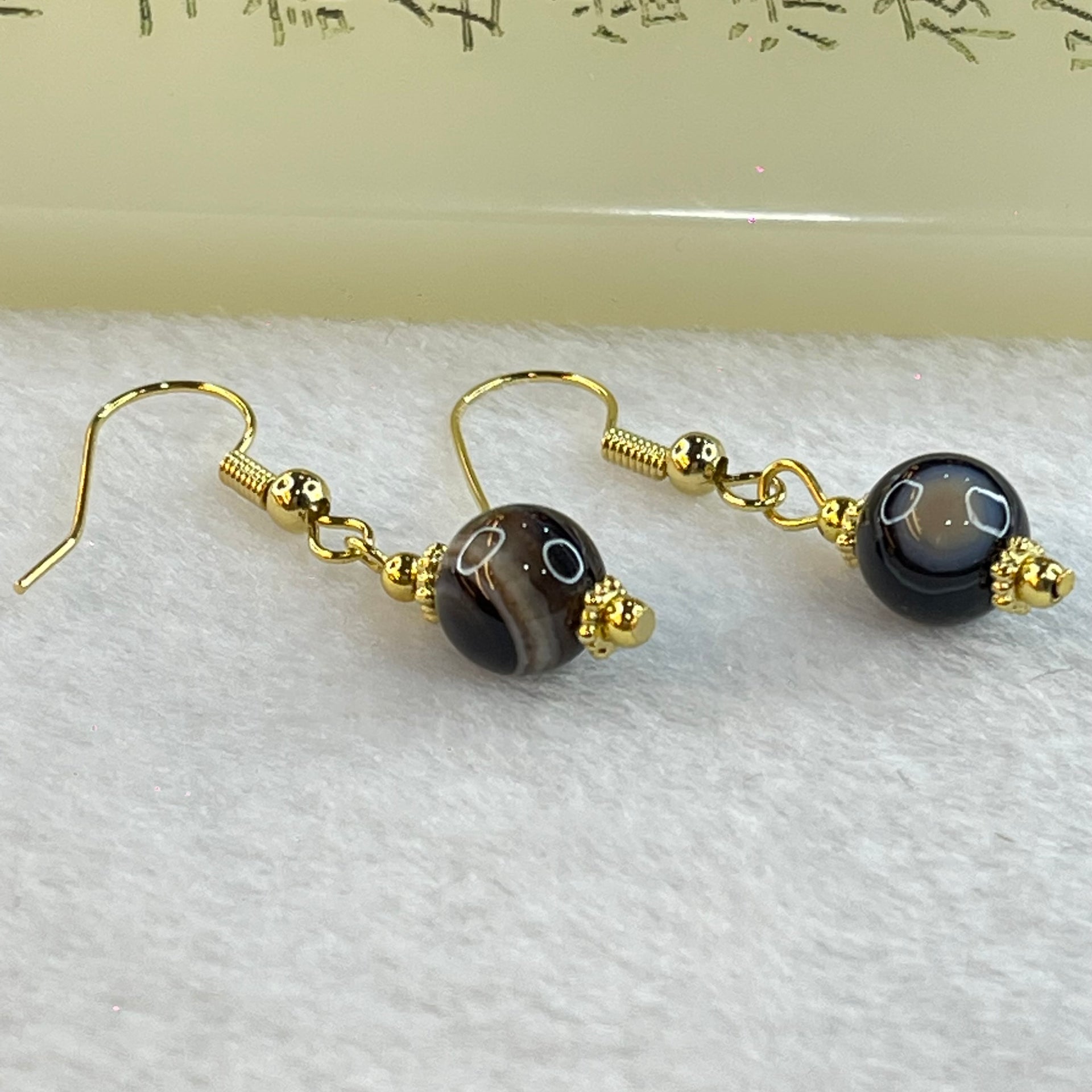 Natural 2 Eye Agate Dzi Bead Earrings Pair 2.30g 8.1mm - Huangs Jadeite and Jewelry Pte Ltd