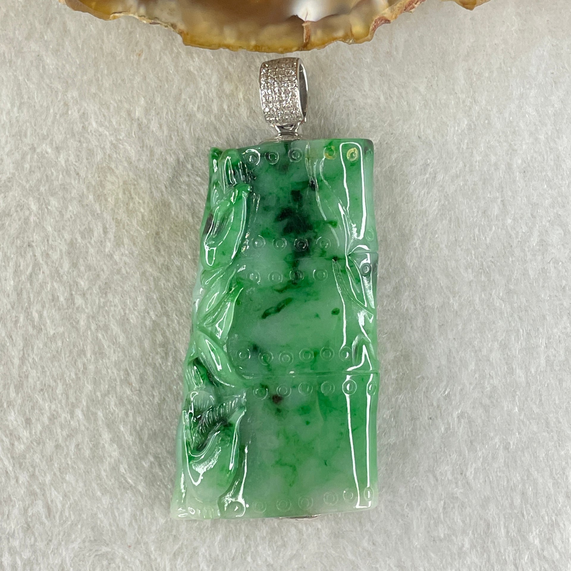Antique Natural Type A Translucent Light Green with Old Mine Spicy Green and Dark Green Piao Hua Jadeite Bamboo and Twin Birds approx. 46.97 by 26.74 by 9.64mm in 18K White Gold and Natural Diamond Pendant 34.95g (108.66cts) BIG Cert. B010996 - Huangs Jadeite and Jewelry Pte Ltd